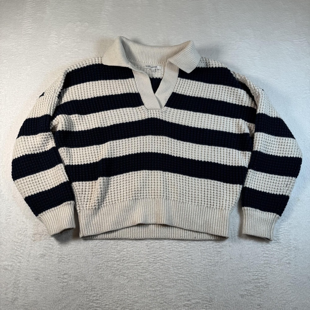 Madewell Sweater‎ Womens Large Blue Striped Collared V Neck Waffle Knit Pullover